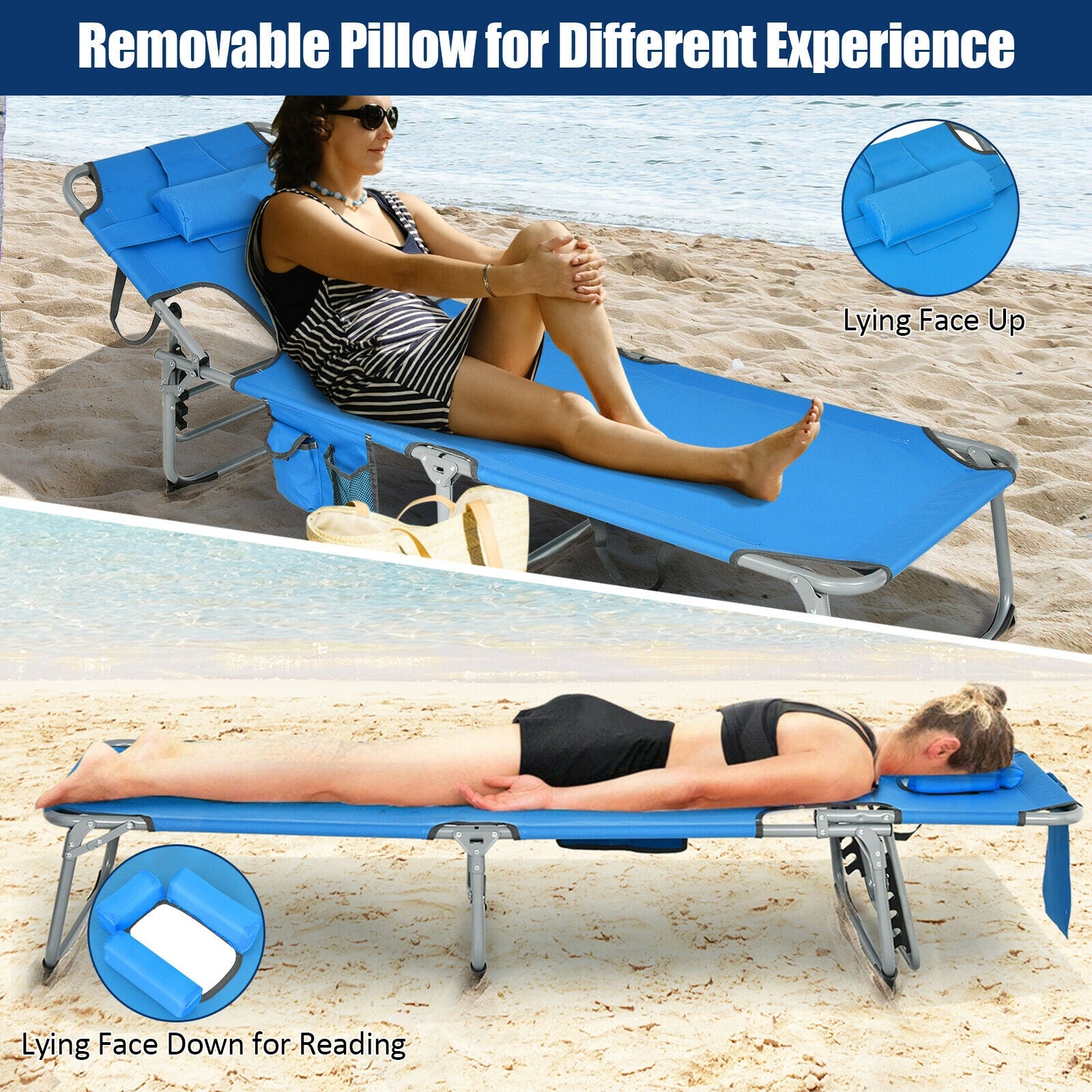 5-Position Adjustable Folding Beach Lounge Chair with Removable Pillow - Blue, demonstrated in use on the beach with adjustable positions for lounging.