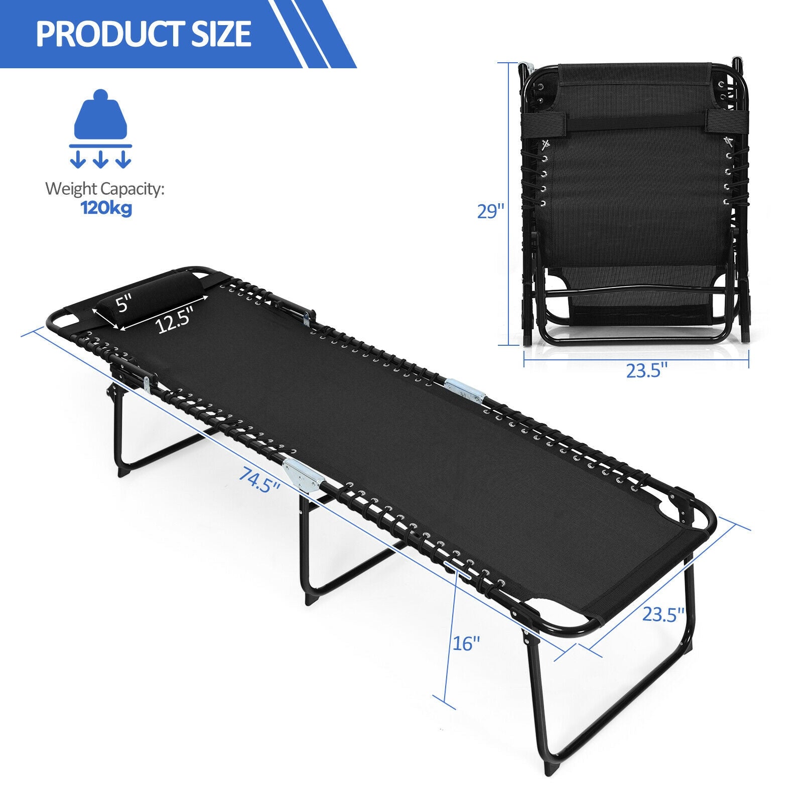 Detailed dimensions and specifications of the Multi-Purpose Foldable Recline Lounge Chair with 4-Position Backrest, showcasing its adjustable features.