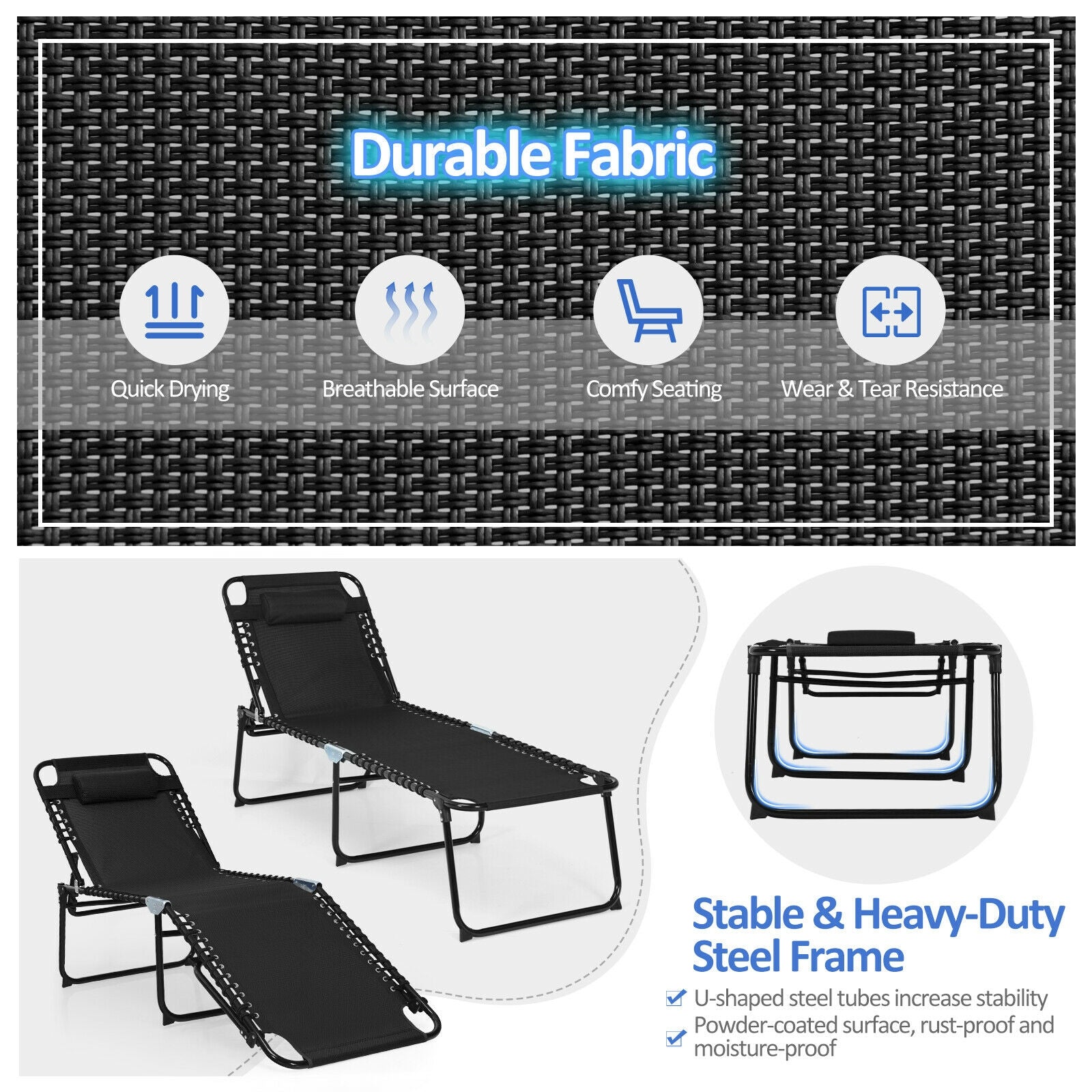 Durable fabric and heavy-duty steel frame of the Multi-Purpose Foldable Recline Lounge Chair highlighted, emphasizing quick-drying and breathable surface.
