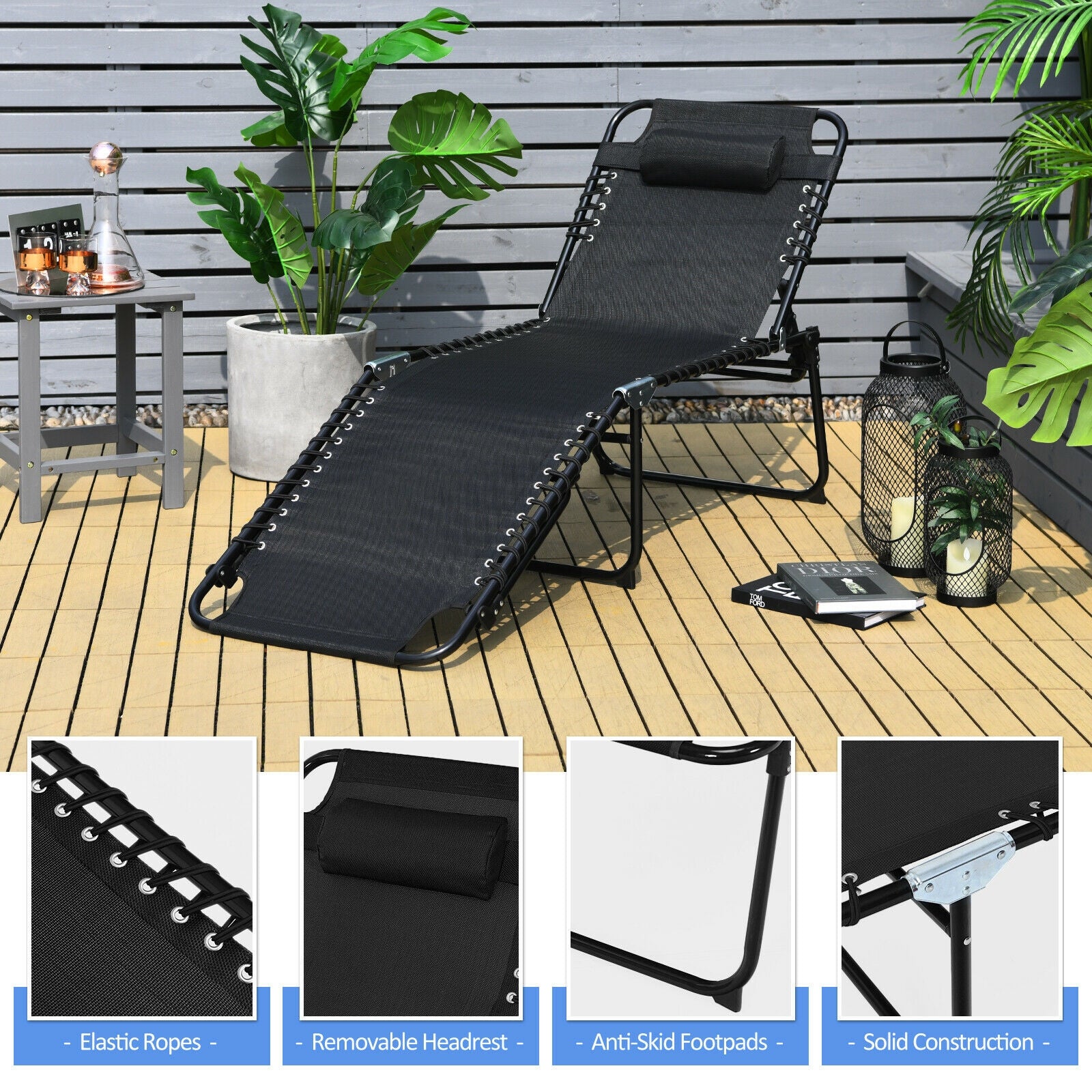 Multi-Purpose Foldable Recline Lounge Chair with 4-Position Backrest & 2-Position Footrest set up on a patio, highlighting its removable headrest and sturdy construction.