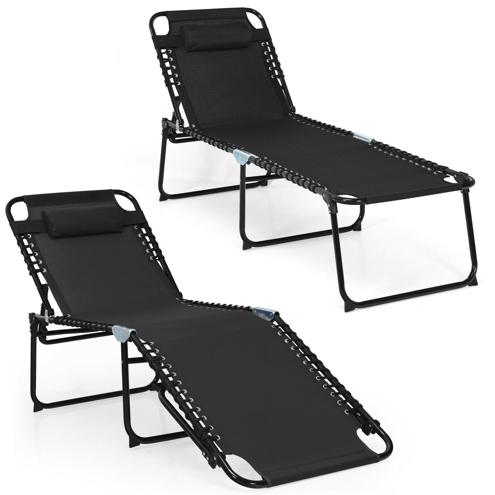 Multi-Purpose Foldable Recline Lounge Chair with 4-Position Backrest & 2-Position Footrest displayed from different angles, showcasing its lightweight and portable design.