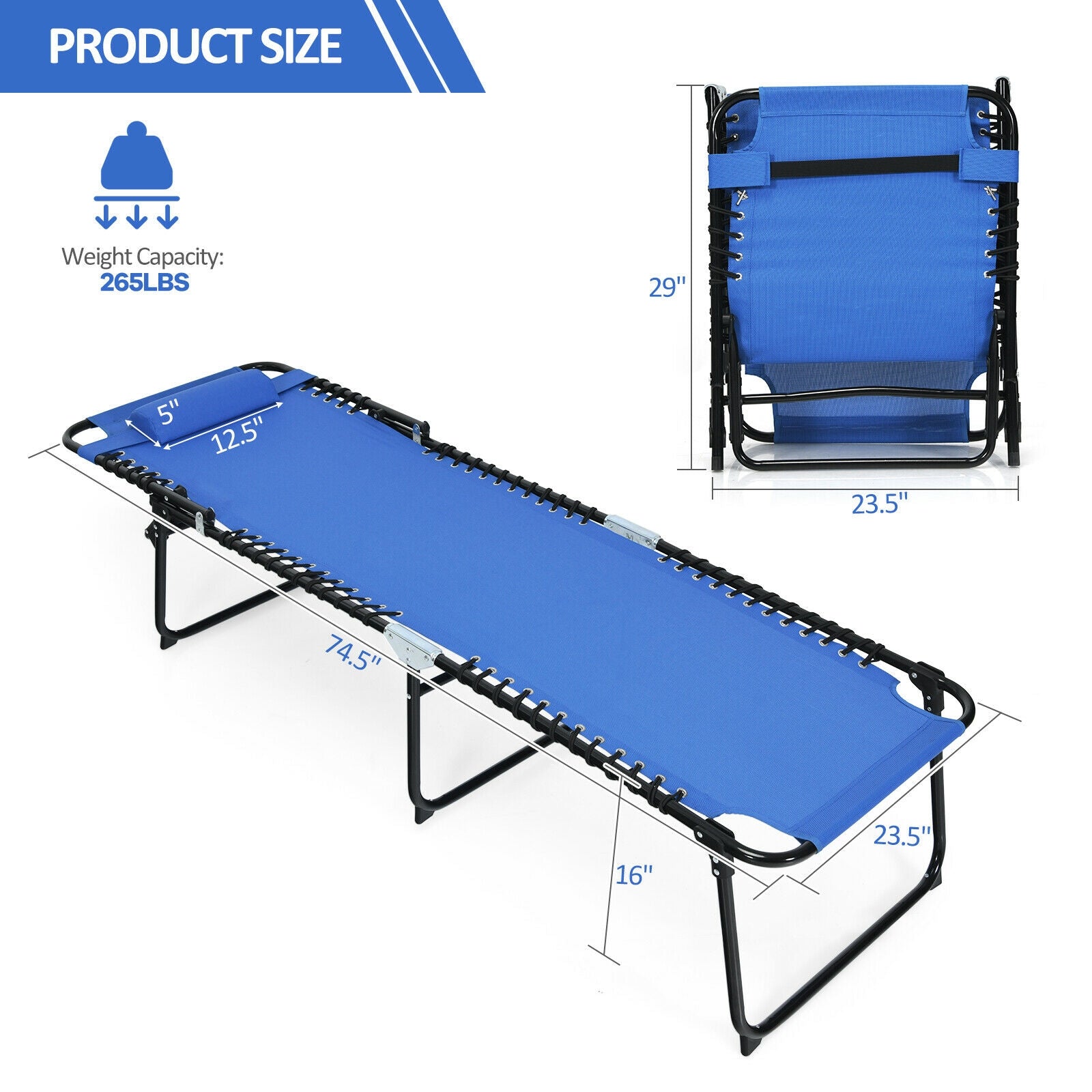 Dream Yard Oasis™ Foldable Recline Lounge Chair showcasing its dimensions and weight capacity, emphasizing durable construction.