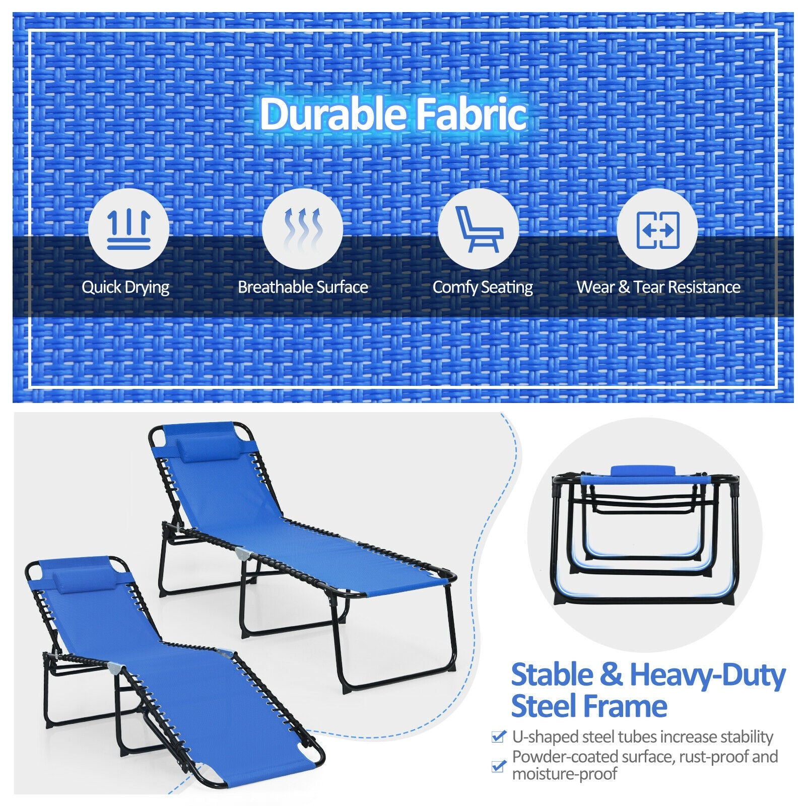 Dream Yard Oasis™ Foldable Recline Lounge Chair with a focus on its durable fabric and heavy-duty steel frame, illustrating quality and comfort.