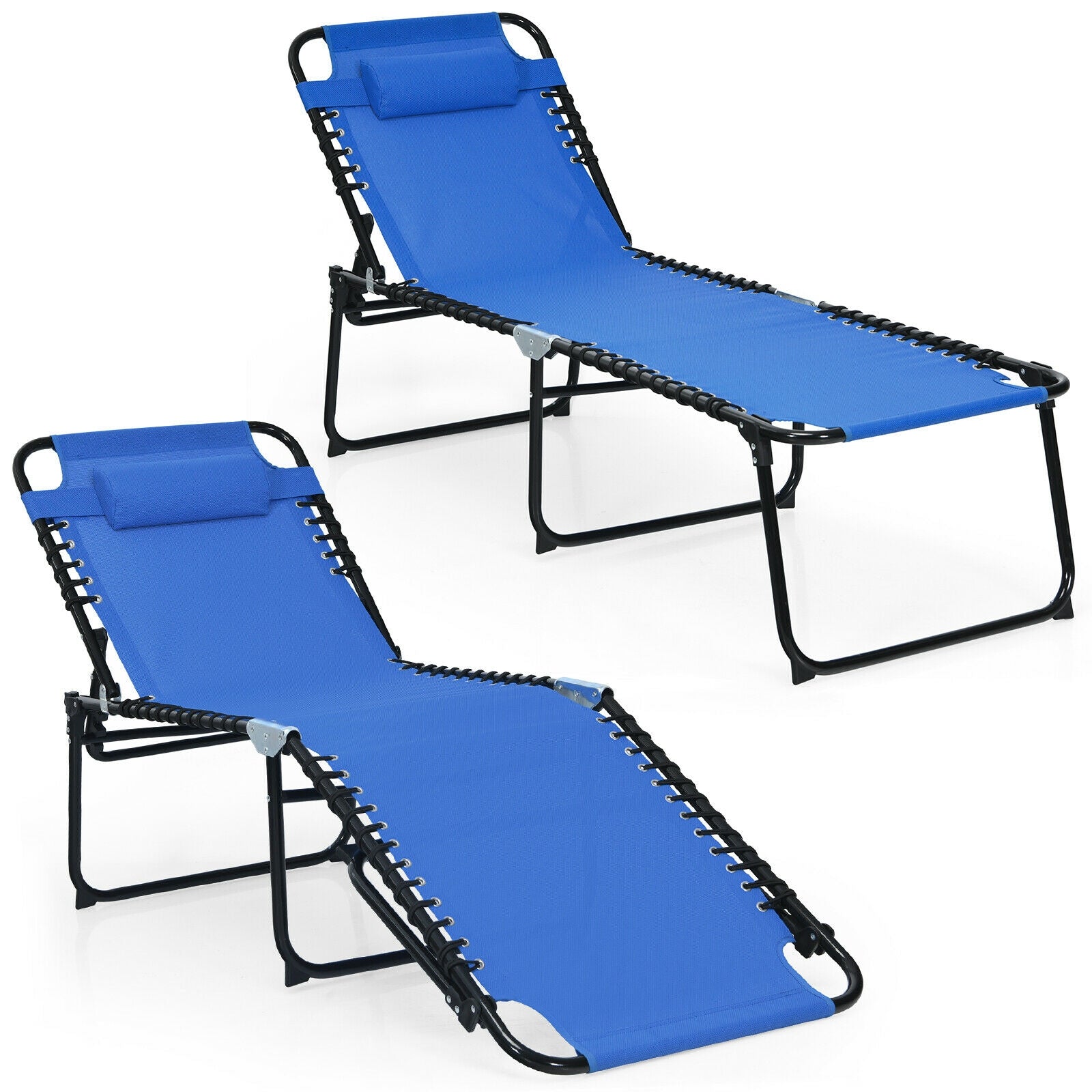 Two Dream Yard Oasis™ Foldable Recline Lounge Chairs displayed in different recline positions, showcasing the 4-position adjustable backrest and footrest features in blue color.