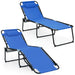 Two Dream Yard Oasis™ Foldable Recline Lounge Chairs displayed in different recline positions, showcasing the 4-position adjustable backrest and footrest features in blue color.