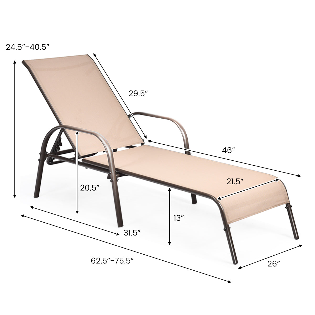 Dimensions illustration of the Adjustable Patio Chaise Lounge Chair - Outdoor Folding Recliner with 5 Positions in brown, featuring key measurements for optimal usage.