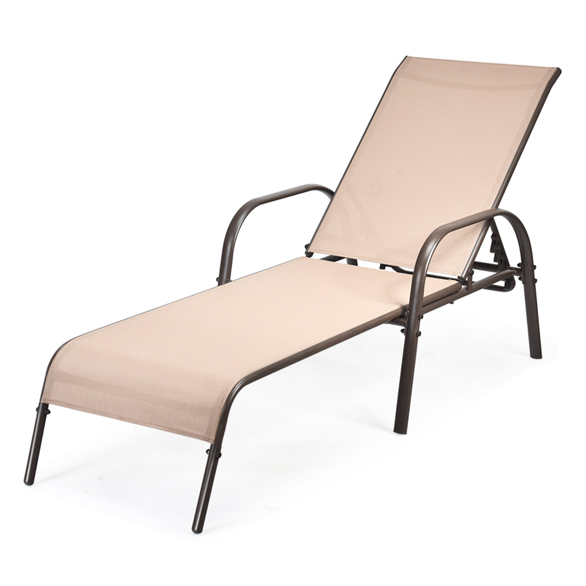 Close-up of the Adjustable Patio Chaise Lounge Chair - Outdoor Folding Recliner with 5 Positions in brown, showcasing its sleek design and comfortable seating.