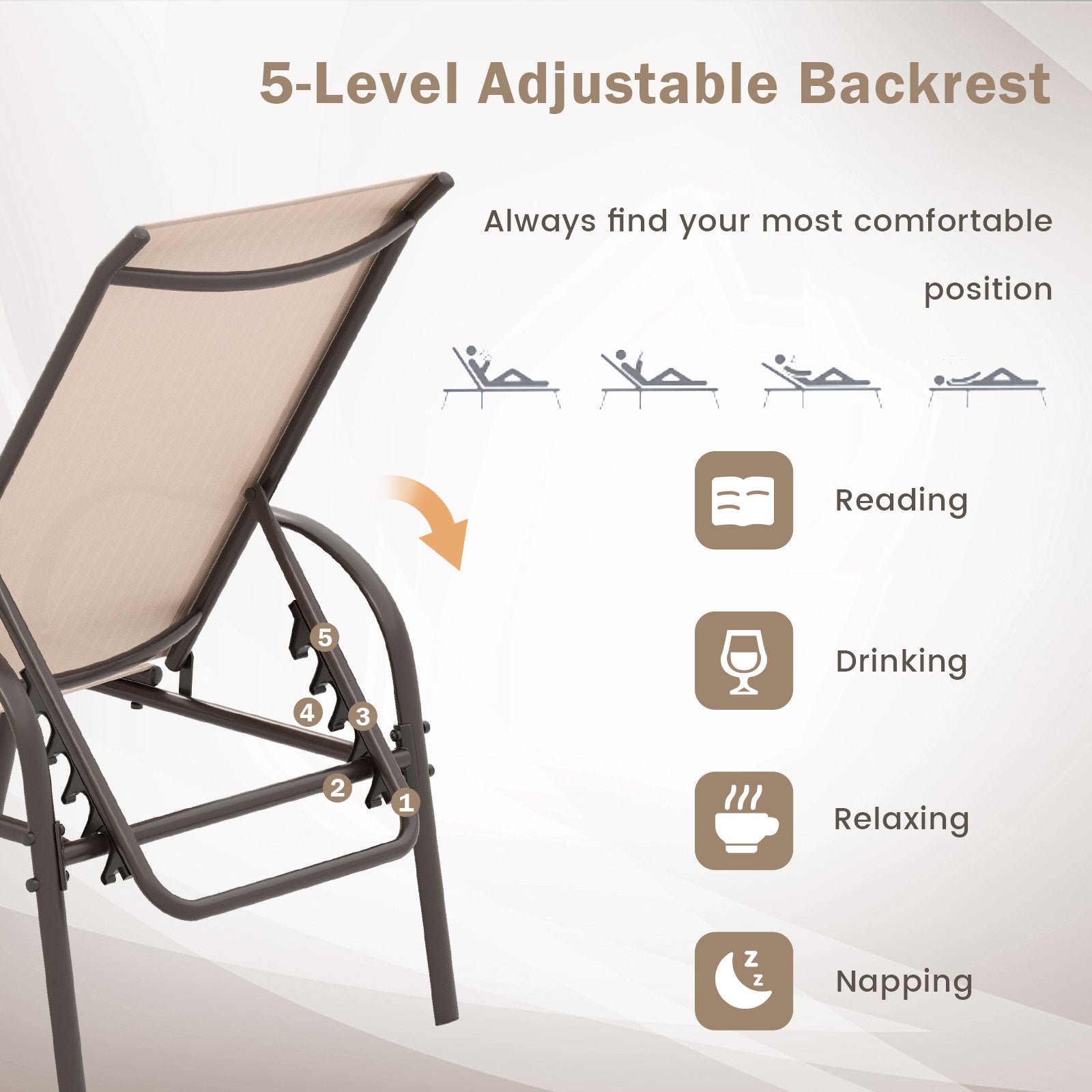Adjustable backrest feature of the Adjustable Patio Chaise Lounge Chair - Outdoor Folding Recliner with 5 Positions in brown, highlighting its versatility for reading, relaxing, and napping.
