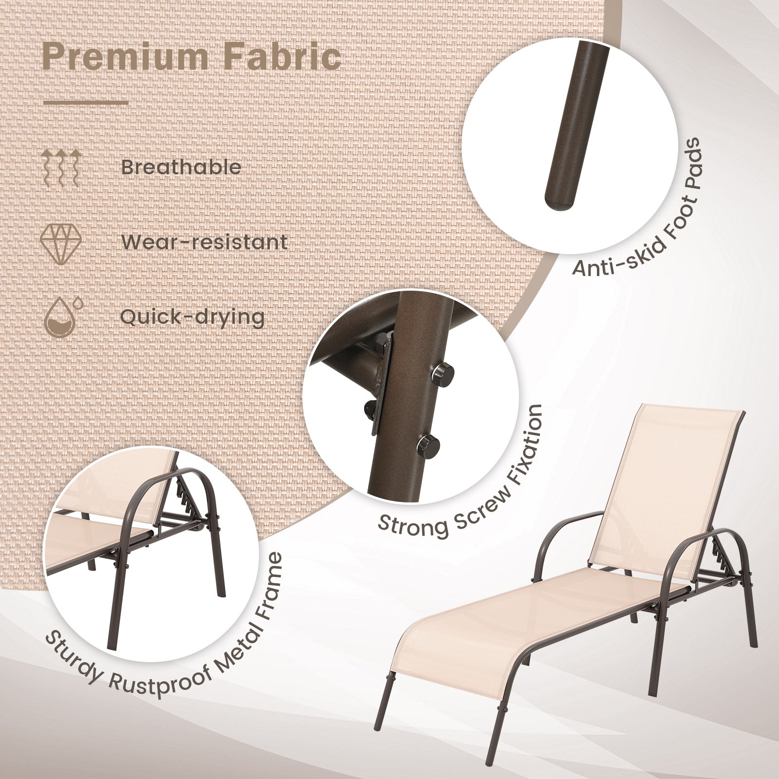 Close-up details of the Adjustable Patio Chaise Lounge Chair by Dream Yard Oasis, showcasing the premium breathable fabric, rustproof frame, and anti-skid foot pads for comfort and stability outdoors.