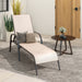 Adjustable Patio Chaise Lounge Chair by Dream Yard Oasis in brown, featuring a minimalist design, placed on a patio with greenery and a stylish side table for ultimate outdoor relaxation.