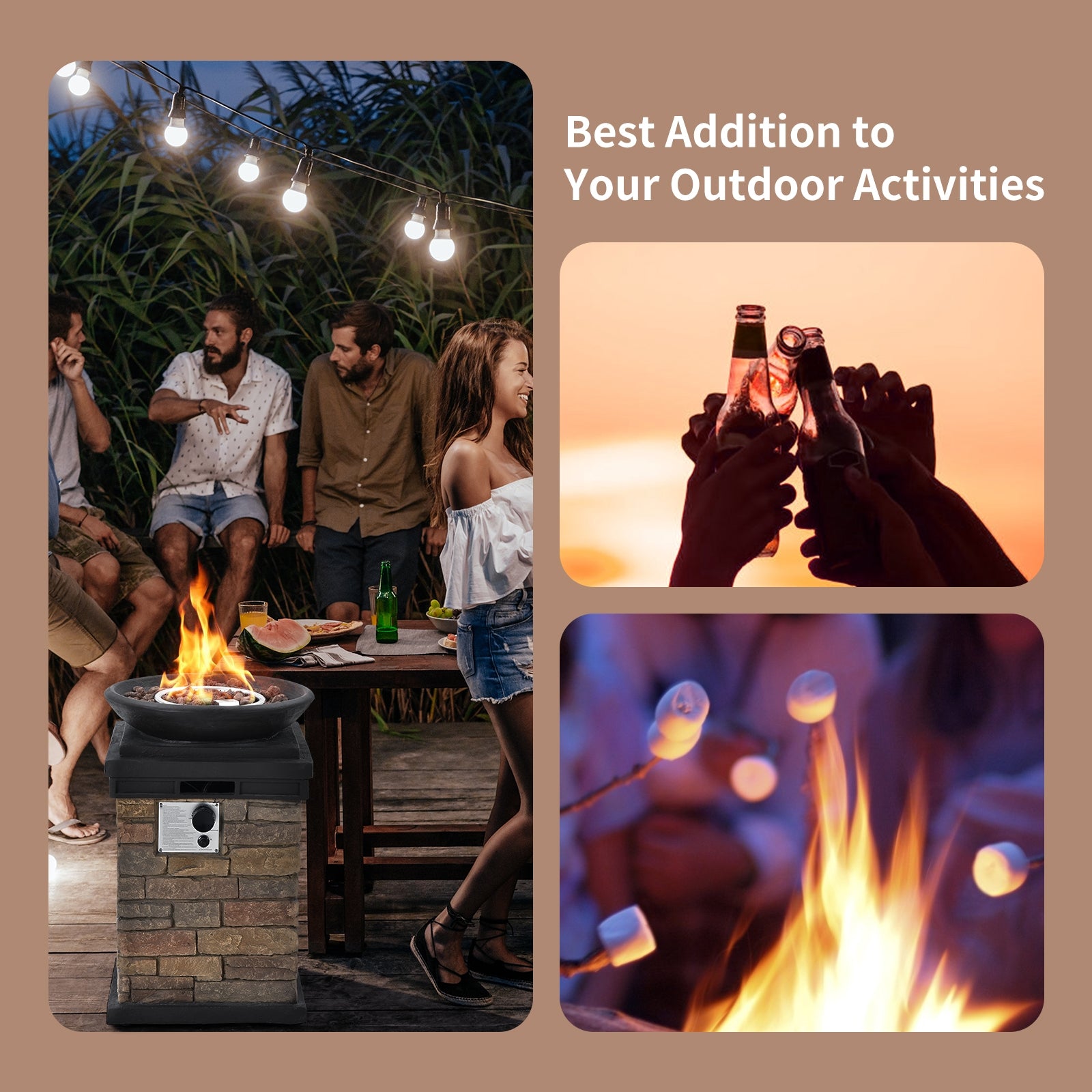 Group of friends enjoying outdoor activities around the 40,000 BTU Outdoor Propane Fire Bowl Column, with drinks and a lively atmosphere.