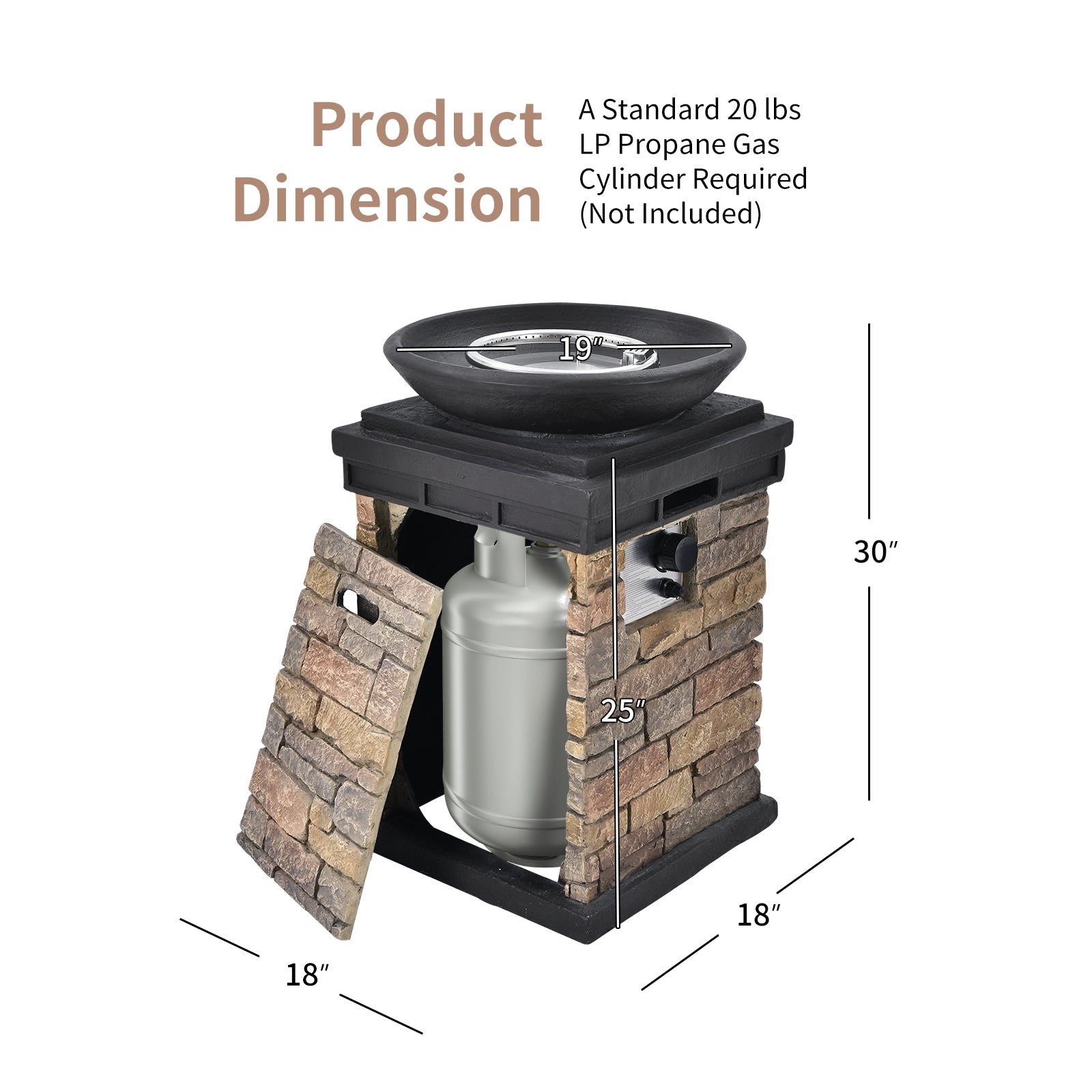 Product dimension image for the 40,000 BTU Outdoor Propane Fire Bowl Column, detailing size and propane cylinder requirements.
