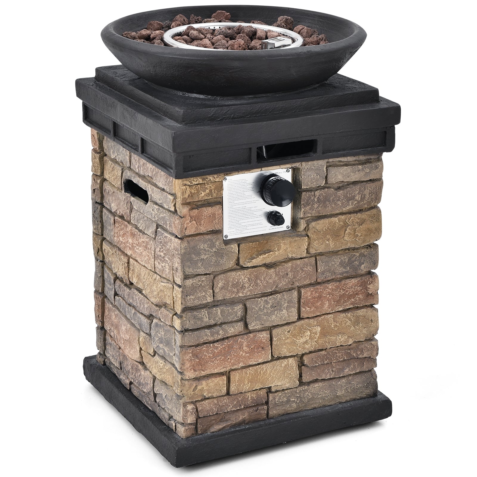 Close-up view of the 40,000 BTU Outdoor Propane Fire Bowl Column showcasing the stone finish and adjustable flames.