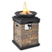 The 40,000 BTU Outdoor Propane Fire Bowl Column with flames, highlighting its rustic design and functionality.