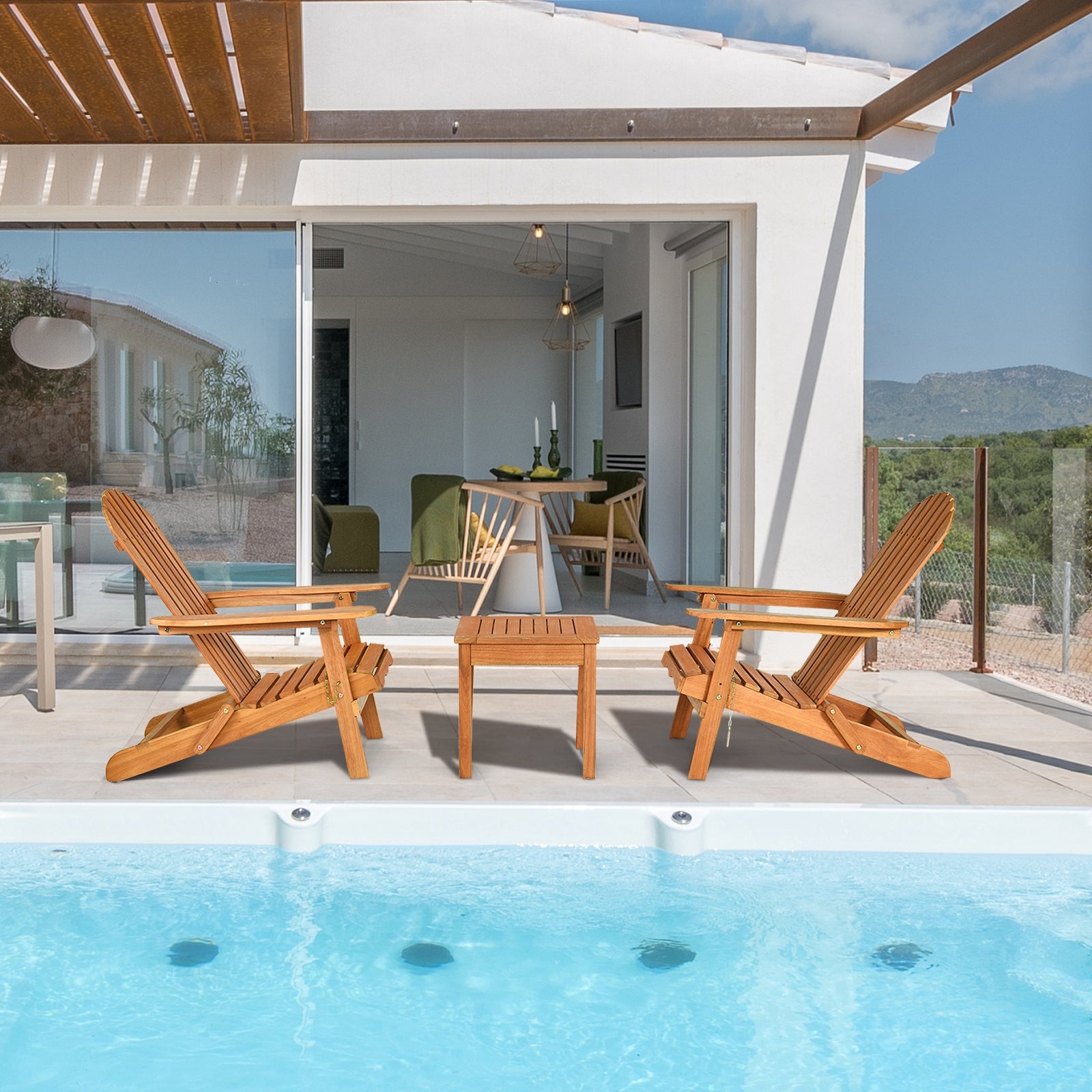 3-Piece Eucalyptus Adirondack Chair Set with Widened Armrests and Convenient Side Table, arranged beside a pool with a modern backdrop, ideal for outdoor relaxation.