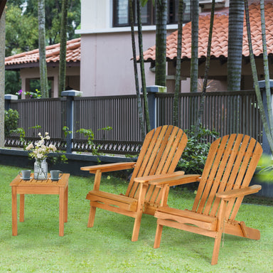 3-Piece Eucalyptus Adirondack Chair Set with Widened Armrests and Convenient Side Table in a serene outdoor setting, perfect for relaxation.