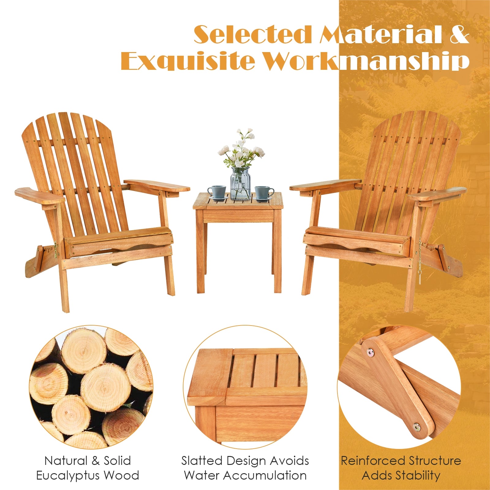 Detail image of the selected material and craftsmanship of the 3-Piece Eucalyptus Adirondack Chair Set with Widened Armrests and Convenient Side Table.