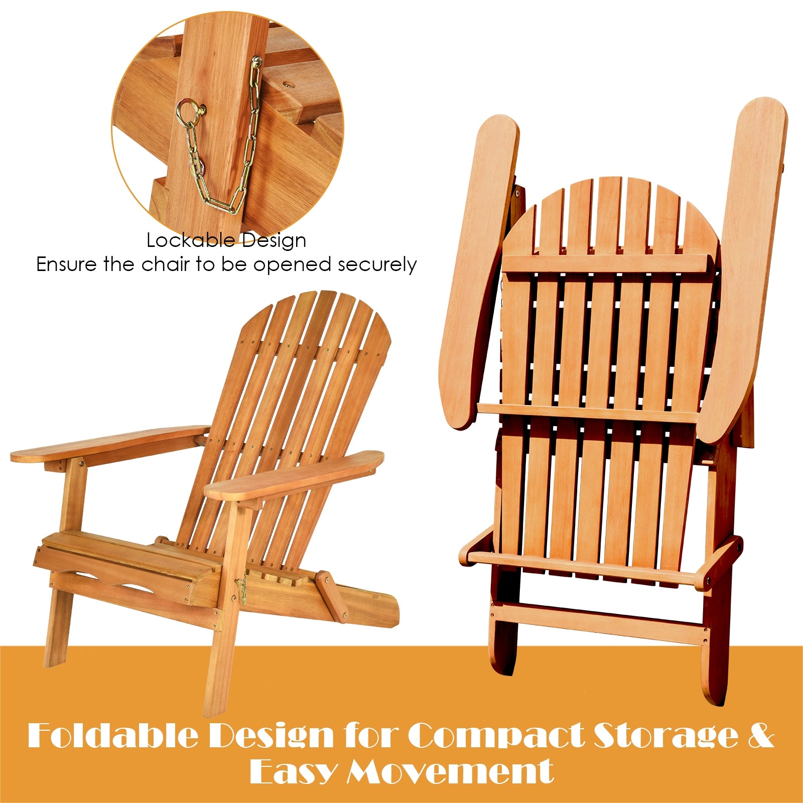 Foldable version of the 3-Piece Eucalyptus Adirondack Chair Set with Widened Armrests, demonstrating its lockable design for easy storage and movement.