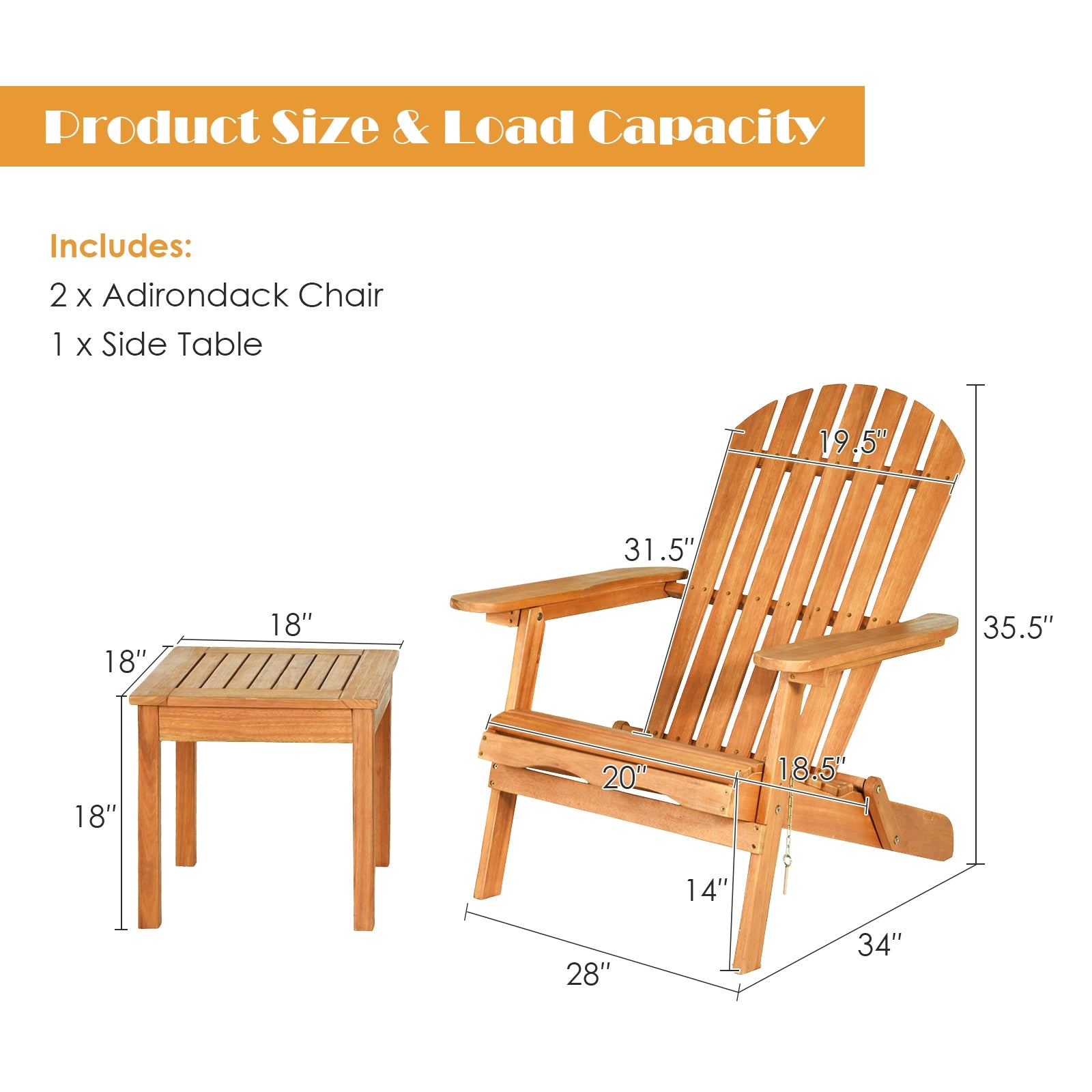 Product size and load capacity chart for the 3-Piece Eucalyptus Adirondack Chair Set with Widened Armrests and Convenient Side Table.