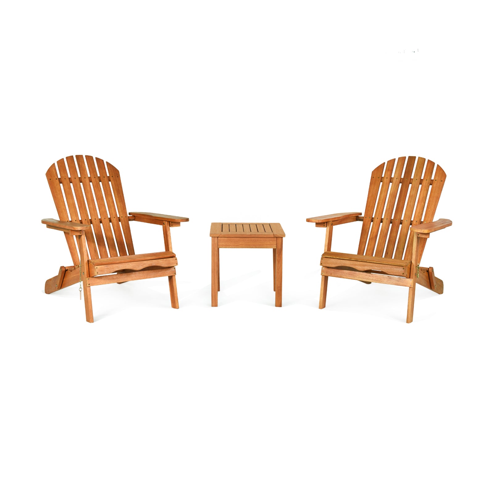 3-Piece Eucalyptus Adirondack Chair Set with Widened Armrests and Convenient Side Table displayed in a clean, minimalistic background.