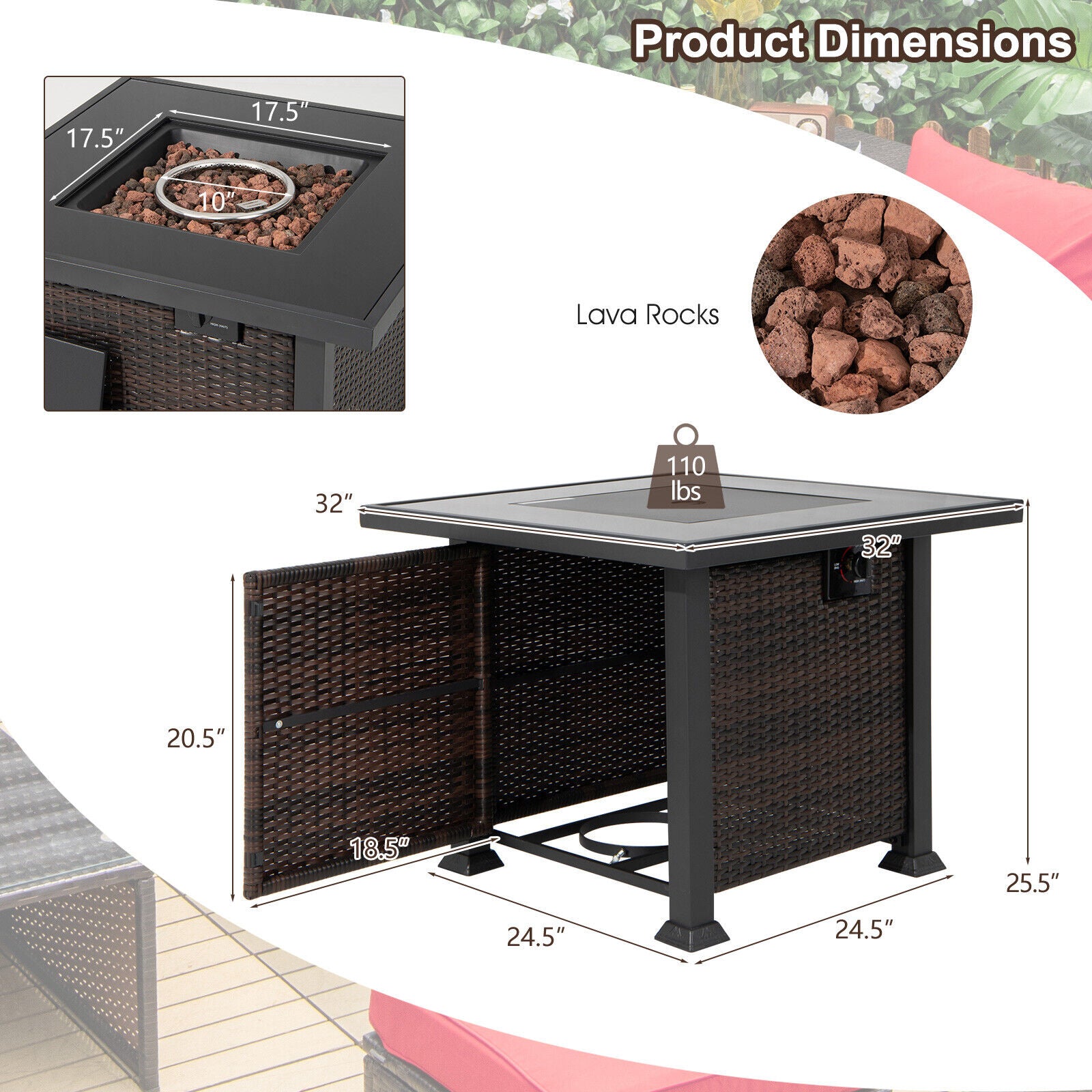 Dimensions of the 32-Inch Square Propane Fire Pit Table with Lava Rocks showing measurements and weight specifications, featuring a stylish design.