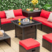 32-Inch Square Propane Fire Pit Table from Dream Yard Oasis™ surrounded by red cushioned seating, perfect for outdoor gatherings.