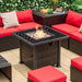 The 32-Inch Square Propane Fire Pit Table with Lava Rocks displaying a vibrant fire surrounded by seating, showcasing its functionality.