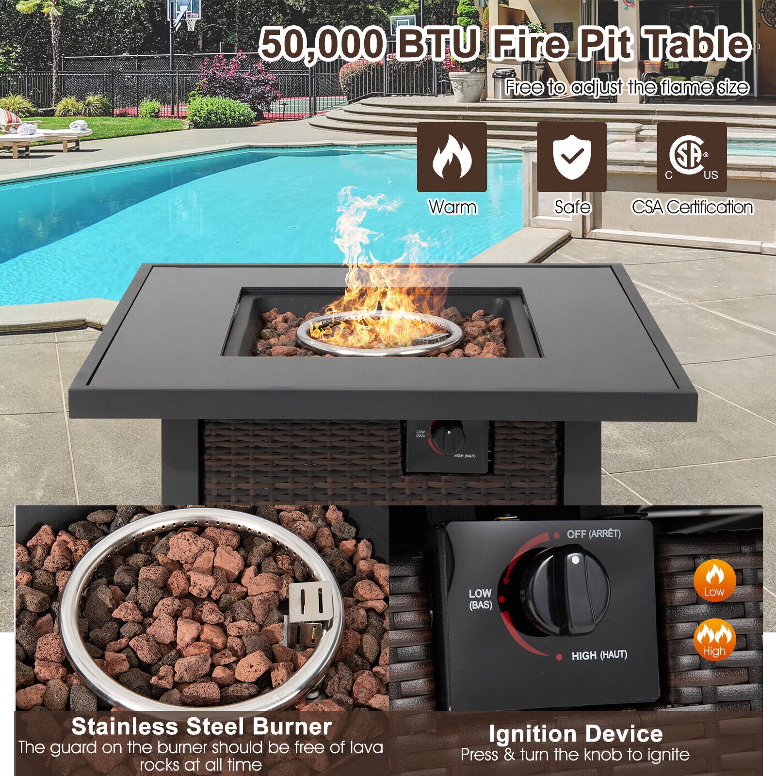 Close-up of the 50,000 BTU heat output of the 32-Inch Square Propane Fire Pit Table with lava rocks, showcasing the flame adjustment and stainless steel burner.