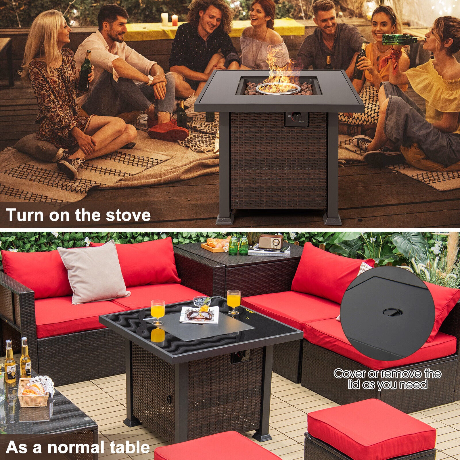 The 32-Inch Square Propane Fire Pit Table with Lava Rocks in use as a fire pit and coffee table, perfect for outdoor gatherings.