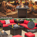 The 32-Inch Square Propane Fire Pit Table with Lava Rocks in use as a fire pit and coffee table, perfect for outdoor gatherings.