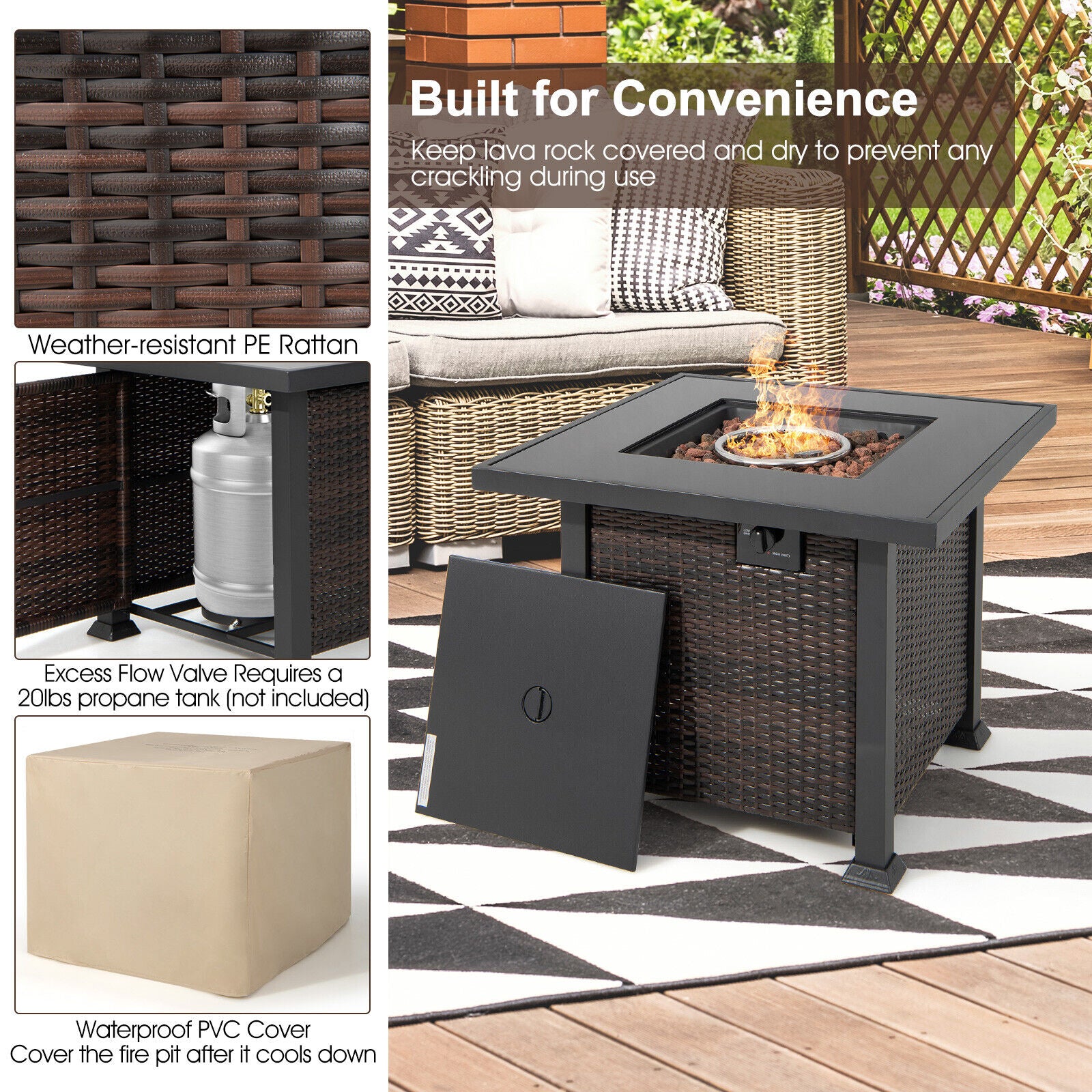 Features of the 32-Inch Square Propane Fire Pit Table with Lava Rocks including weather-resistant rattan and storage for the propane tank.