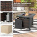 Features of the 32-Inch Square Propane Fire Pit Table with Lava Rocks including weather-resistant rattan and storage for the propane tank.