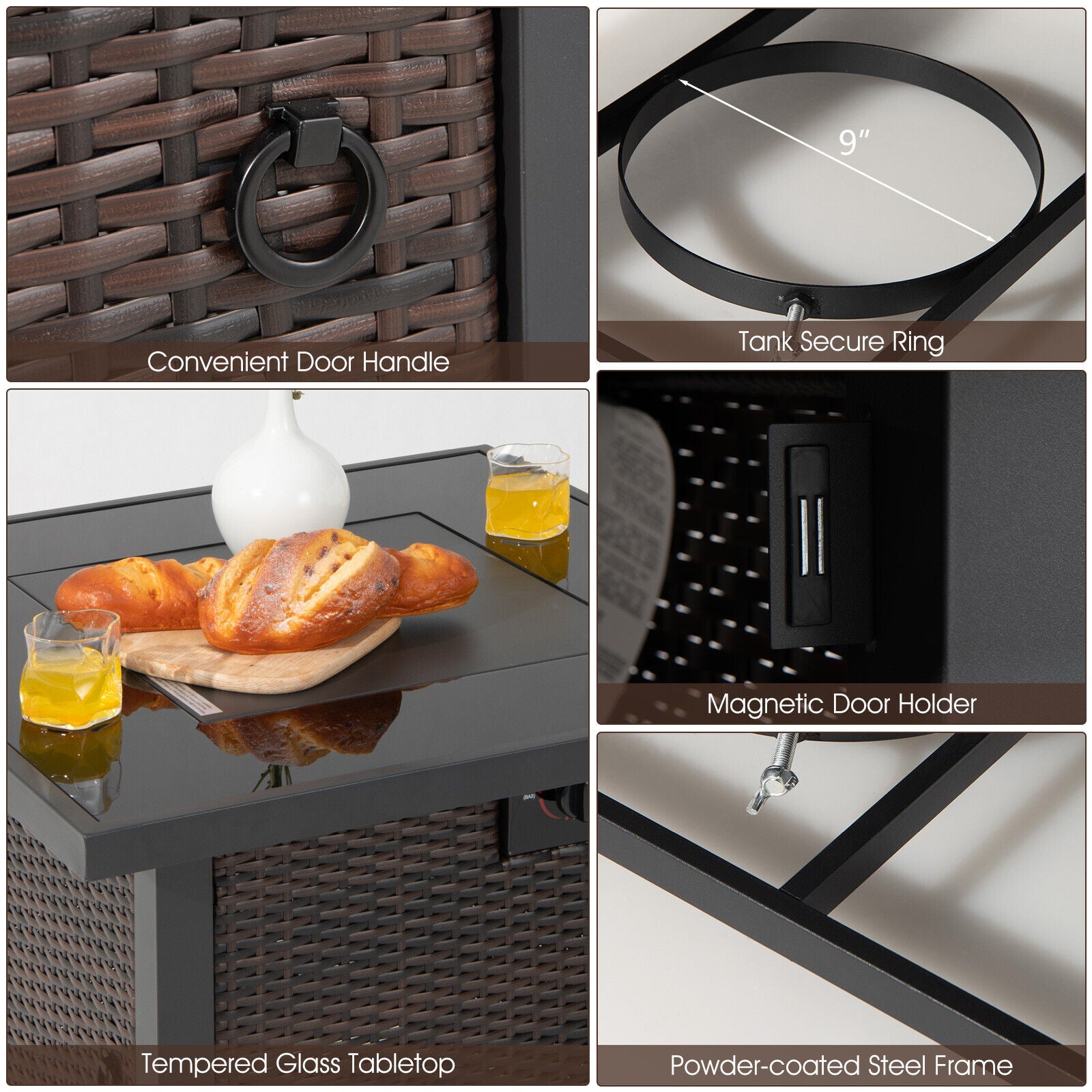 Features of the 32-Inch Square Propane Fire Pit Table with Lava Rocks, including convenient door handle, tank secure ring, magnetic door holder, tempered glass tabletop, and powder-coated steel frame for enhanced durability and functionality.