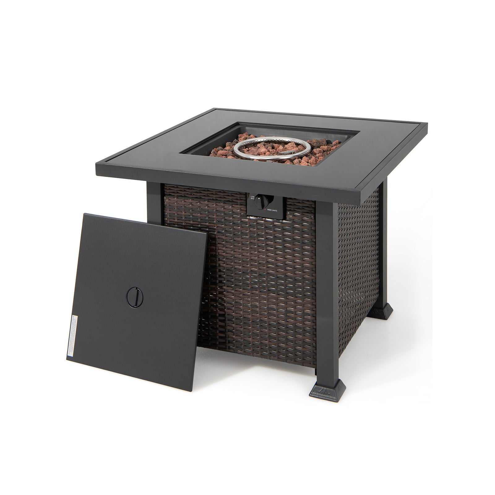 The stylish 32-Inch Square Propane Fire Pit Table with a removable cover for the lava rock area, highlighting its functional design from Dream Yard Oasis™.