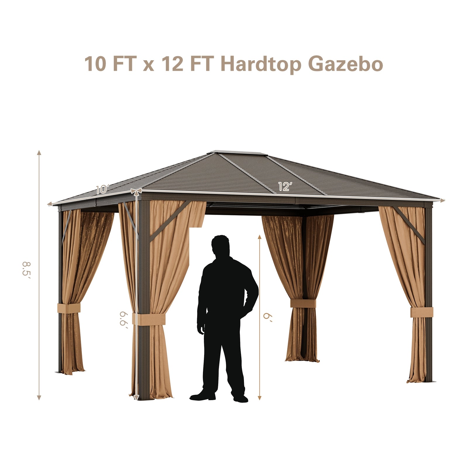Dimensions of the 12X10 Ft Outdoor Hardtop Gazebo with Galvanized Steel Top and Mesh Netting for Privacy - Brown, displaying height and width measurements.