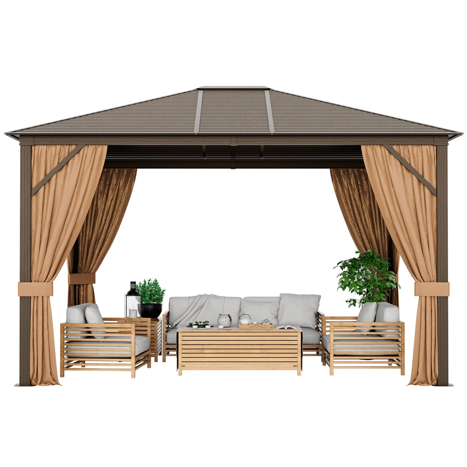 12X10 Ft Outdoor Hardtop Gazebo with Galvanized Steel Top and Mesh Netting for Privacy - Brown, showcasing a cozy outdoor seating arrangement inside the gazebo.