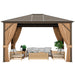 12X10 Ft Outdoor Hardtop Gazebo with Galvanized Steel Top and Mesh Netting for Privacy - Brown, showcasing a cozy outdoor seating arrangement inside the gazebo.