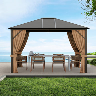 12X10 Ft Outdoor Hardtop Gazebo with Galvanized Steel Top and Mesh Netting for Privacy - Brown, featuring a spacious interior with elegant curtains and outdoor seating, ideal for family gatherings or romantic events.