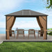12X10 Ft Outdoor Hardtop Gazebo with Galvanized Steel Top and Mesh Netting for Privacy - Brown, featuring a spacious interior with elegant curtains and outdoor seating, ideal for family gatherings or romantic events.