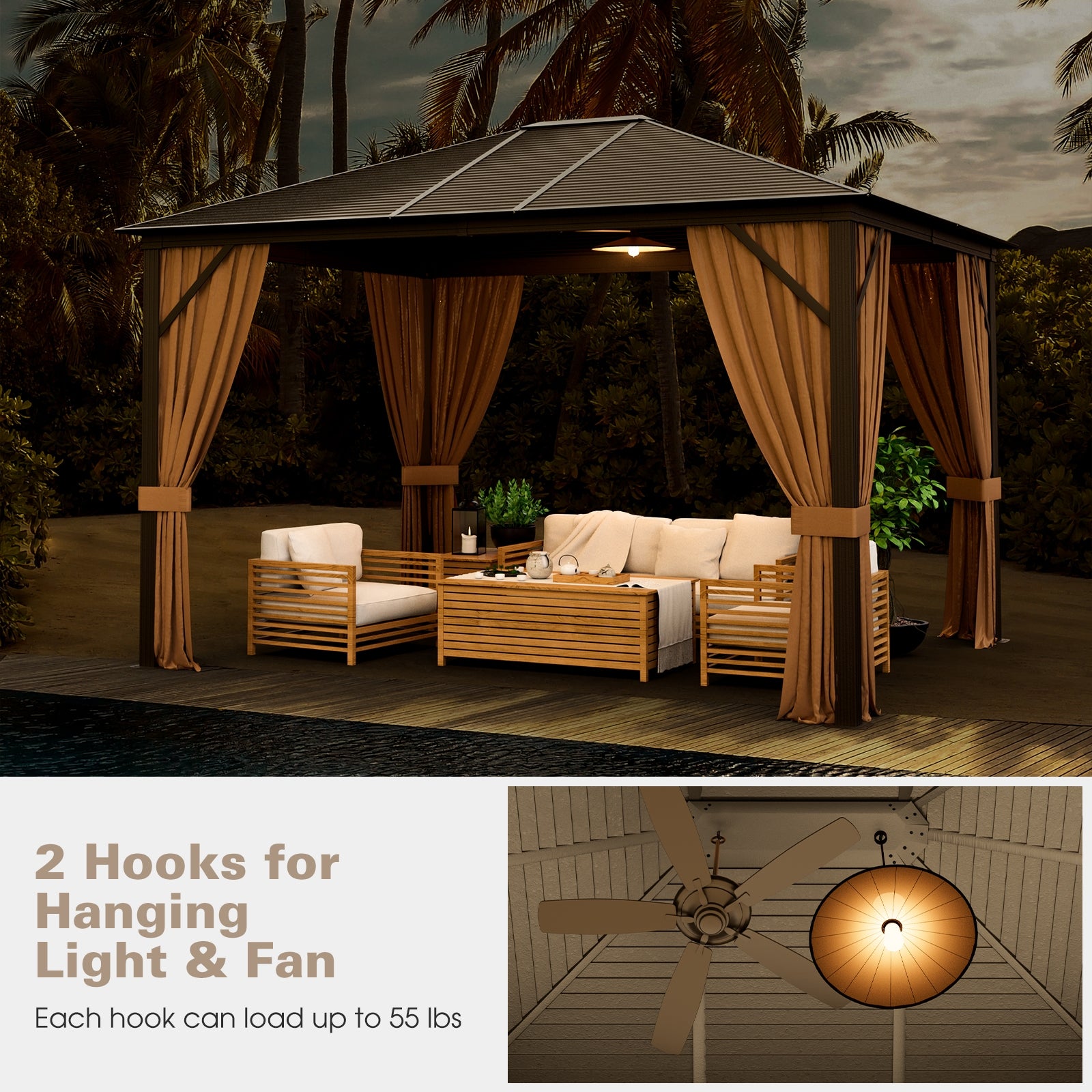 Stylish setup of the 12X10 Ft Outdoor Hardtop Gazebo with Galvanized Steel Top and Mesh Netting for Privacy - Brown, highlighting hooks for lights and fans.