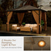 Stylish setup of the 12X10 Ft Outdoor Hardtop Gazebo with Galvanized Steel Top and Mesh Netting for Privacy - Brown, highlighting hooks for lights and fans.