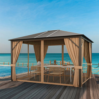 12X10 Ft Outdoor Hardtop Gazebo with Galvanized Steel Top and Mesh Netting for Privacy - Brown, showcasing a fully-enclosed space with mesh netting and spacious outdoor seating, perfect for protecting from insects while enjoying the view.