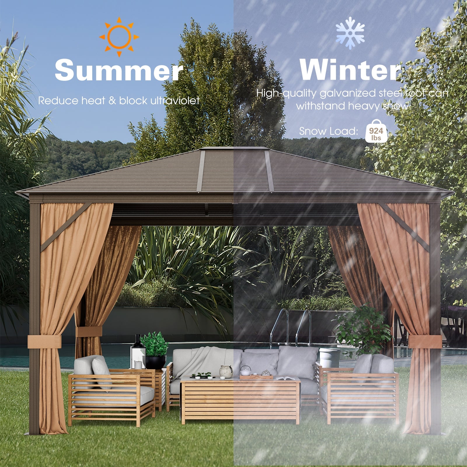 Seasonal features of the 12X10 Ft Outdoor Hardtop Gazebo with Galvanized Steel Top and Mesh Netting for Privacy - Brown, illustrating its summer and winter capabilities.