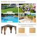 Outdoor setting featuring the 12X10 Ft Outdoor Hardtop Gazebo with Galvanized Steel Top and Mesh Netting for Privacy - Brown. Gazebo showcased in a backyard, perfect for various occasions like parties or family gatherings.