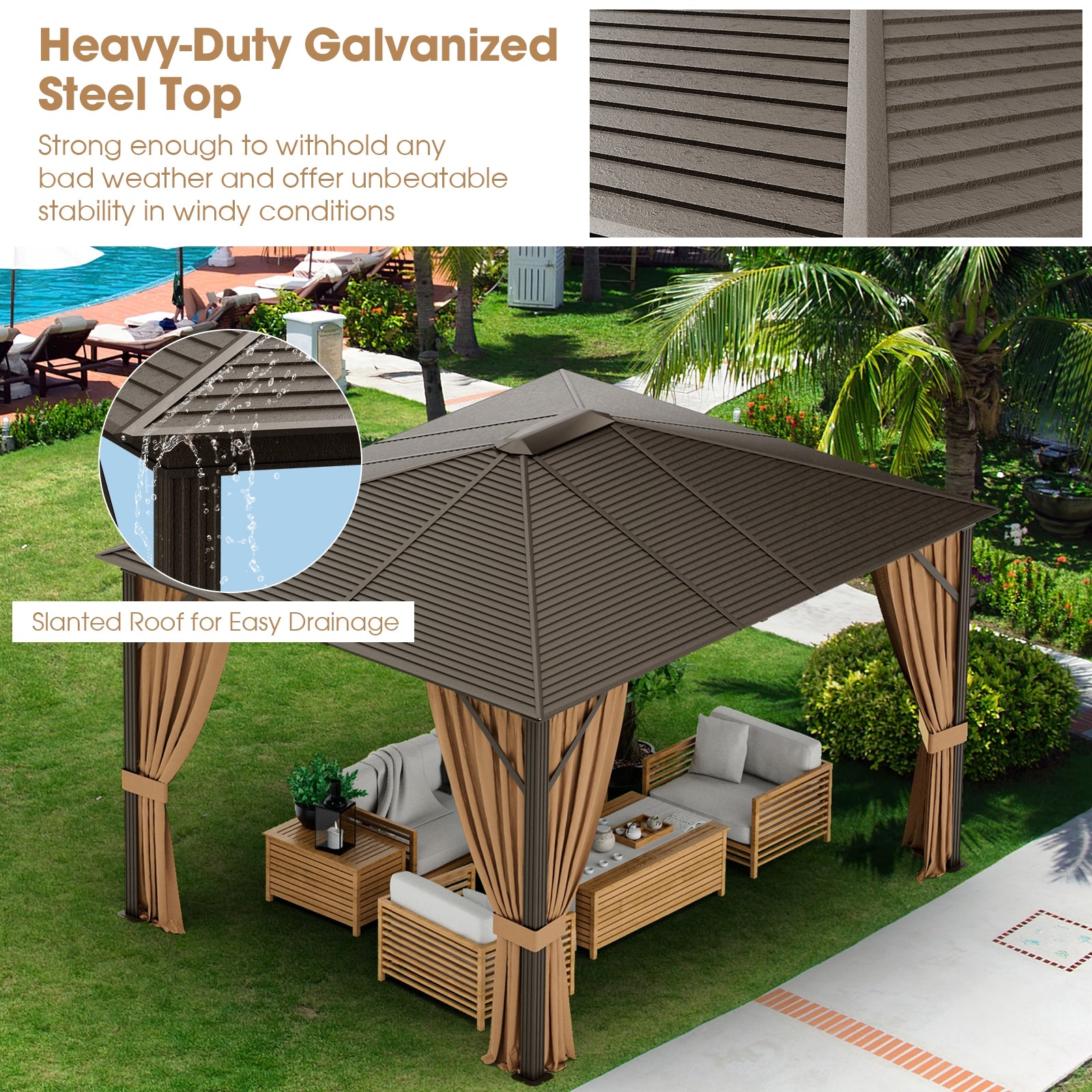 Close-up of the 12X10 Ft Outdoor Hardtop Gazebo with Galvanized Steel Top and Mesh Netting for Privacy - Brown, highlighting the durable steel roof designed for easy drainage and weather resistance.