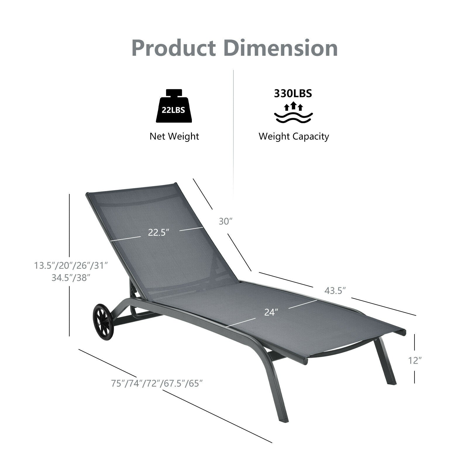 Dimensions and weight details of the 6-Position Adjustable Outdoor Chaise Lounge Chair with Wheels by Dream Yard Oasis, highlighting its capacity and sturdy construction for lasting outdoor use.