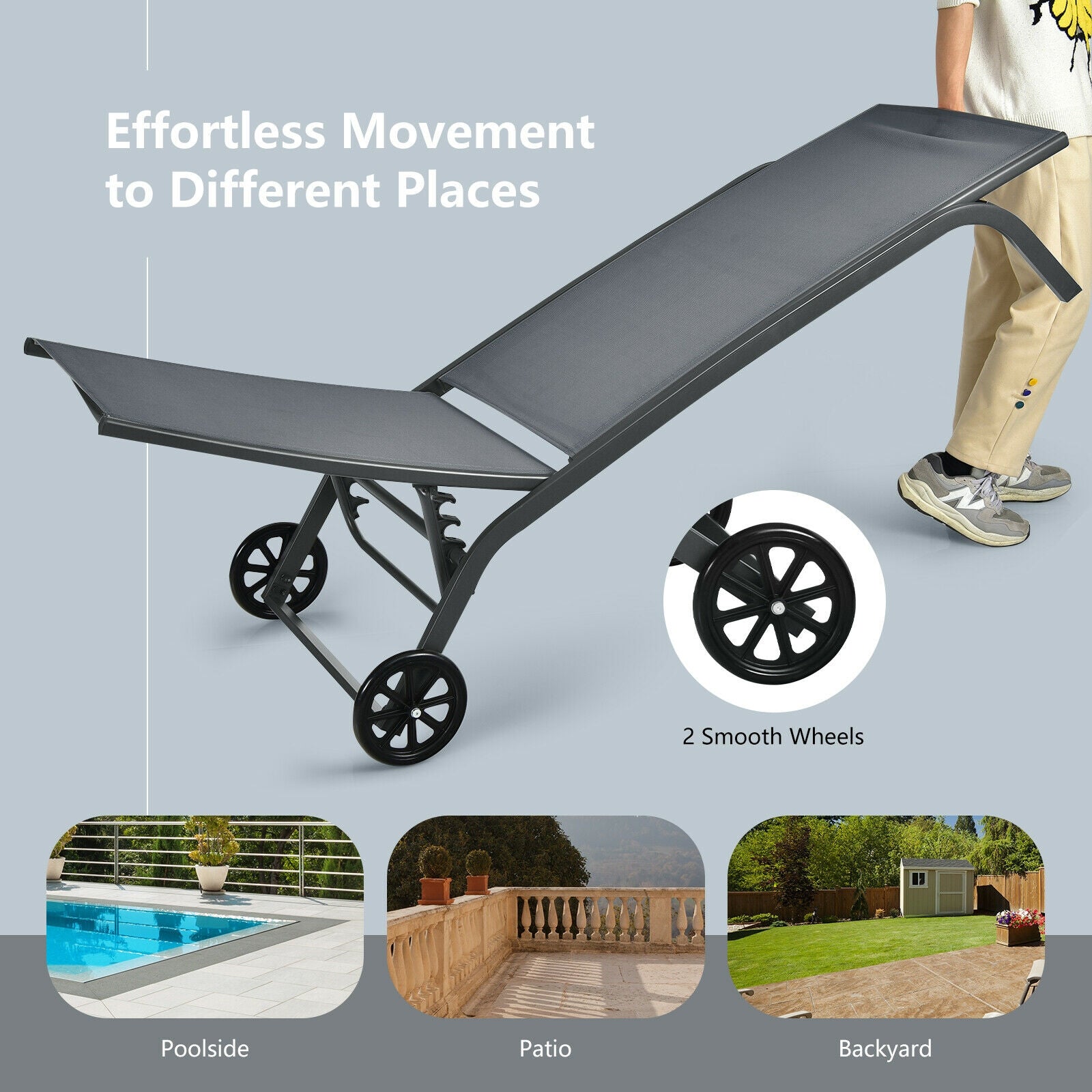 Effortless movement with the 6-Position Adjustable Outdoor Chaise Lounge Chair with Wheels, featuring smooth wheels and versatile use for poolside, patio, or backyard.