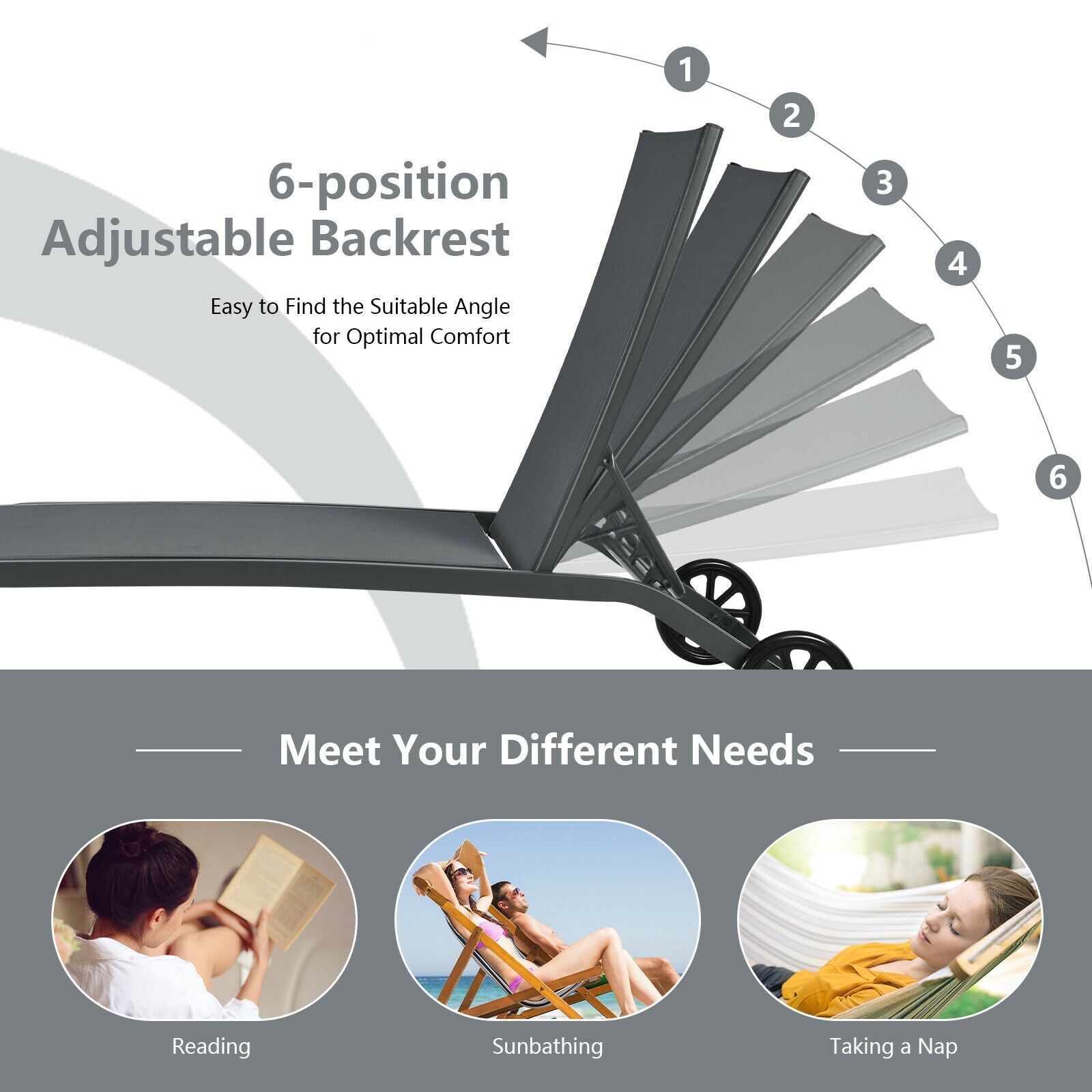 The 6-Position Adjustable Outdoor Chaise Lounge Chair with Wheels showcasing its adjustable backrest, ideal for reading, sunbathing, or taking a nap outdoors.