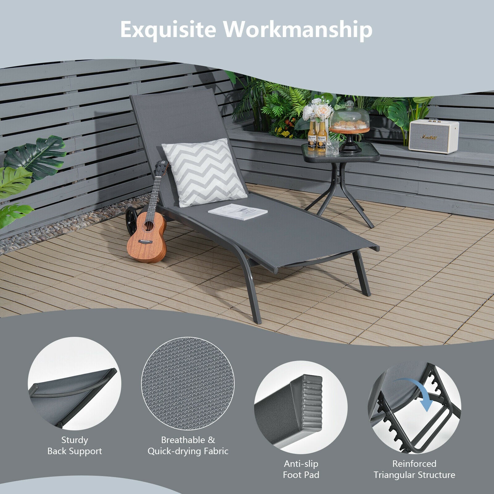 6-Position Adjustable Outdoor Chaise Lounge Chair with Wheels by Dream Yard Oasis, showcasing exquisite workmanship with breathable fabric and sturdy back support, perfect for outdoor relaxation.