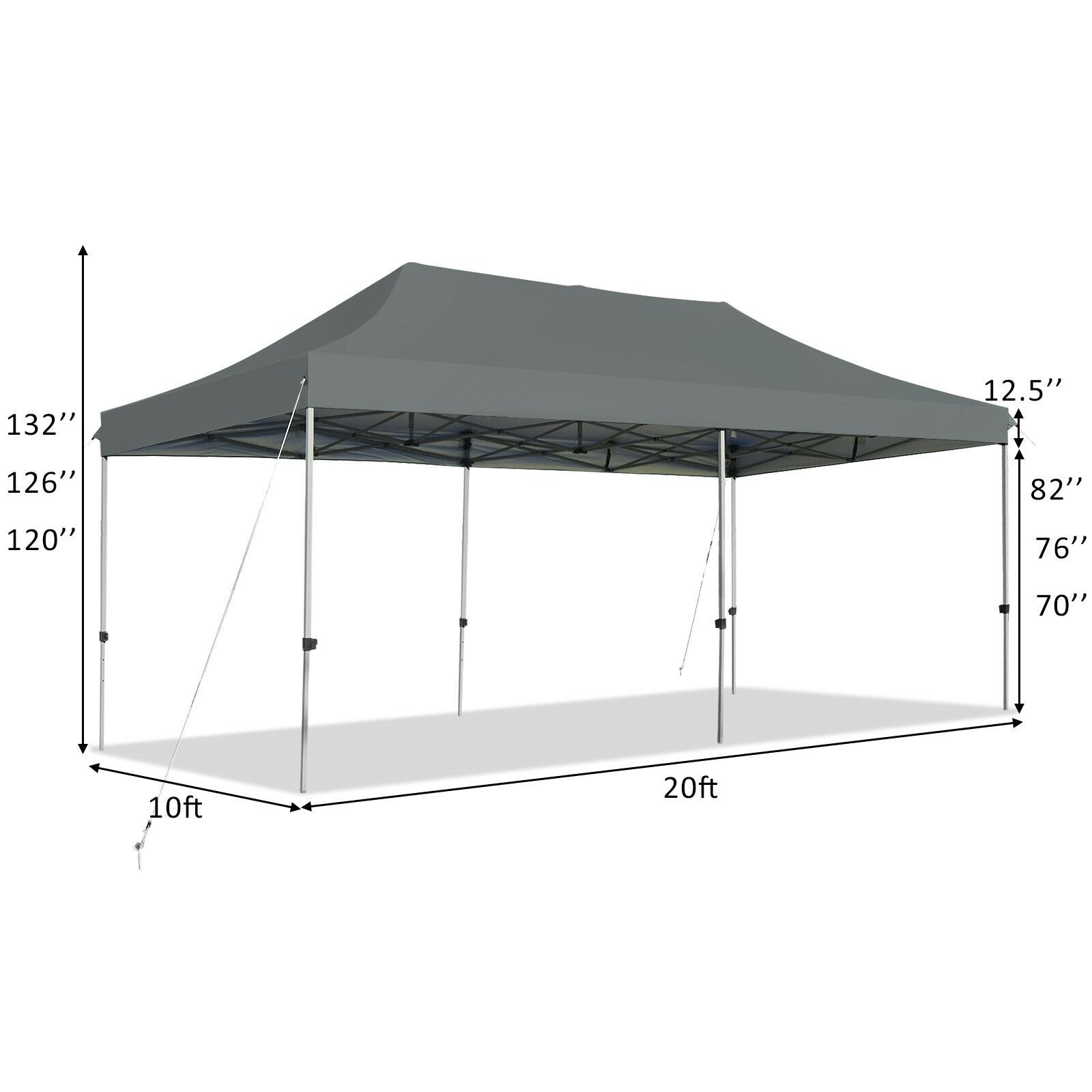 Dimensions of the 10x20 Feet Adjustable Heavy Duty Folding Canopy Shelter with Carry Bag - Gray, Water Resistant, highlighting adjustable height settings and spacious area.